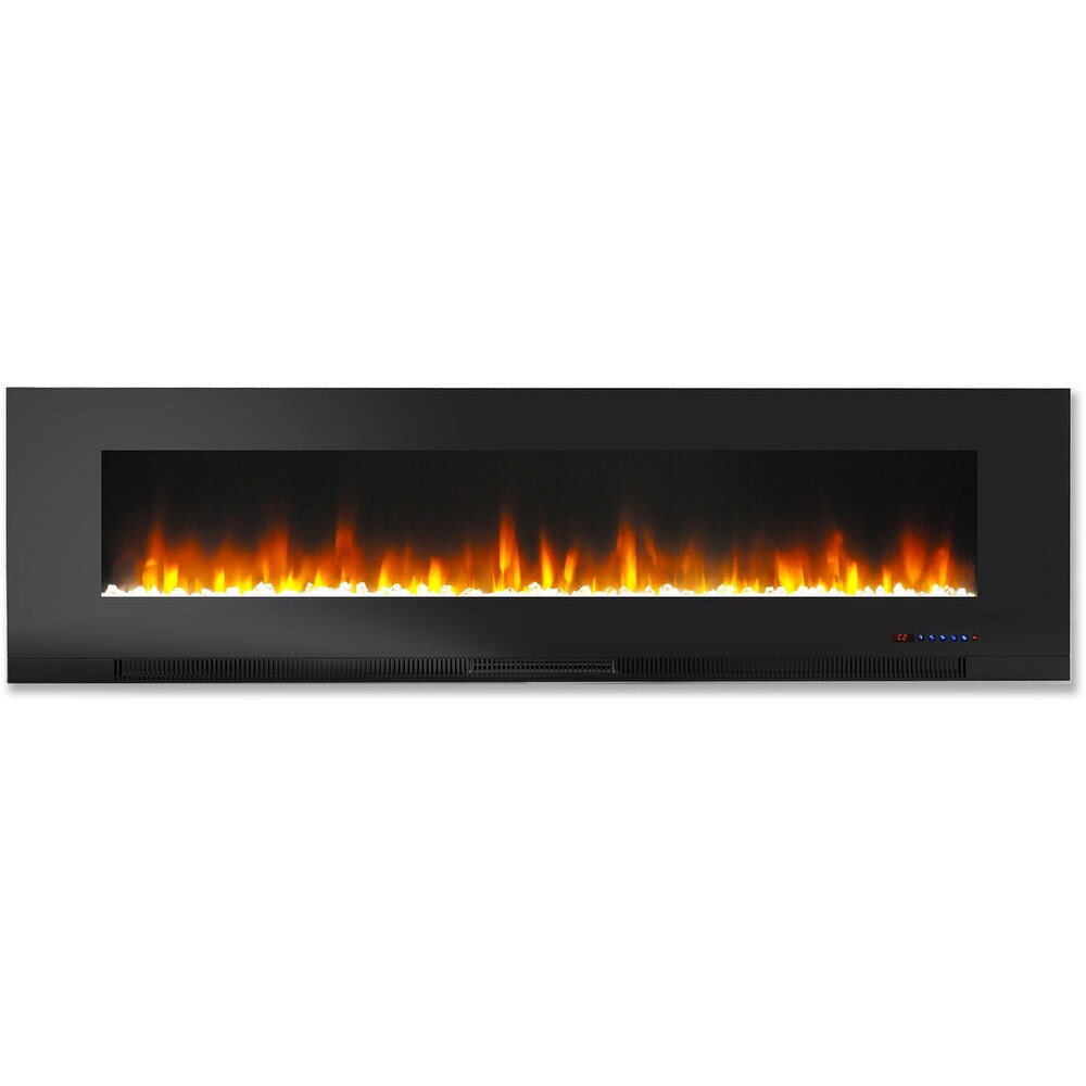 Hanover 60 In. Wall Mount Electric Fireplace in Black with Multi Color Flames and Crystal Rock Display