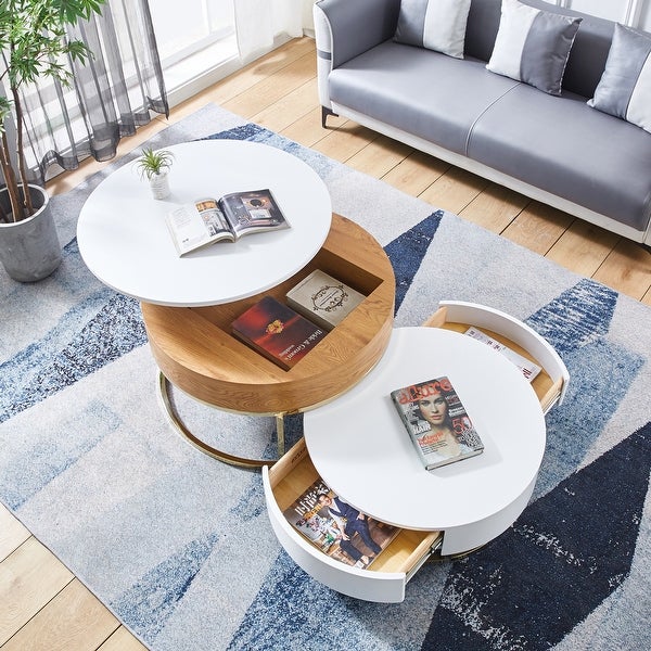 Nesting Storage Coffee Table Set of 2， Round MDF White End Table with Gold Finish Metal Base and Drawers for Living Room