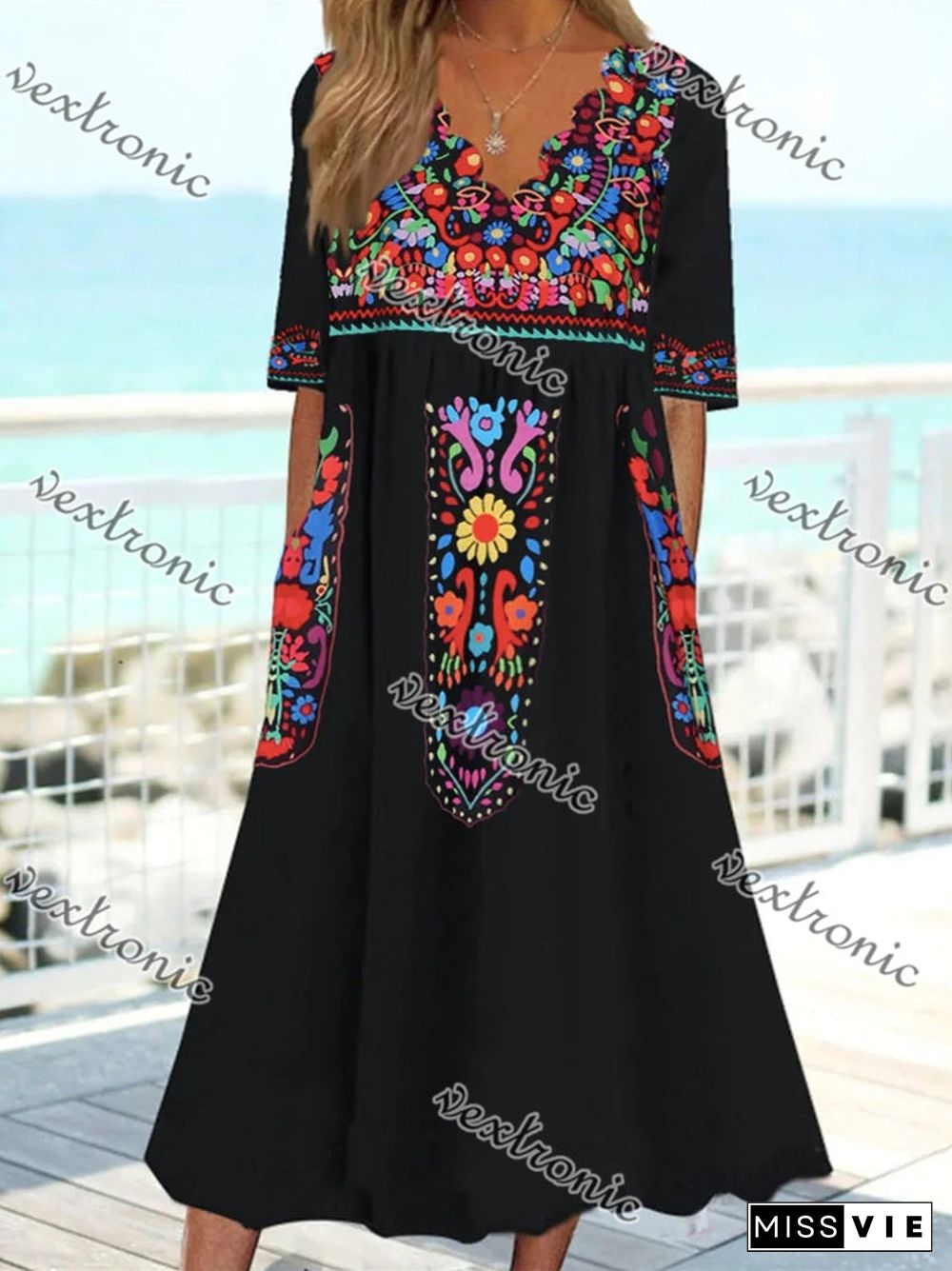 Women's Black V-Neck Half Sleeve Graphic Floral Printed Midi Dress