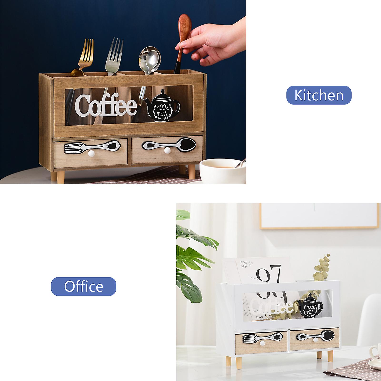 Desktop Compartment Storage Box With Drawer Retro Wooden Storage Organizer Small Wooden Kitchen Utensil Holder Countertop Desktop Organizer Tableware