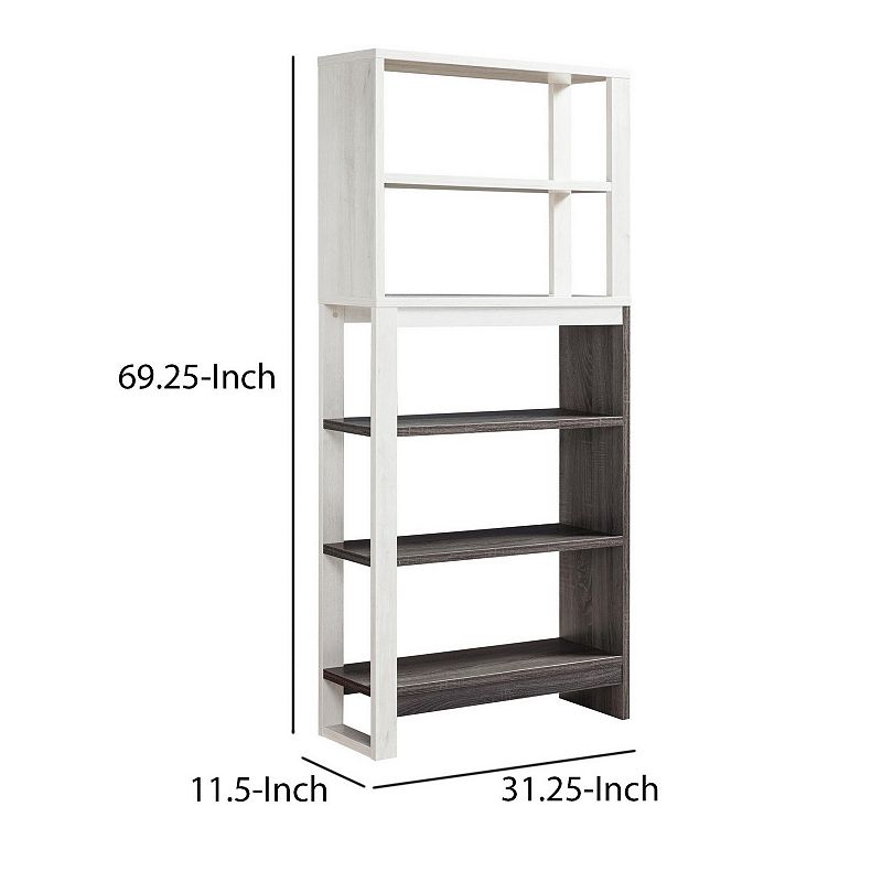 Crew 69 Inch 5 Tier Wood Bookcase Unit， Modern Open Design， Oak White， Gray