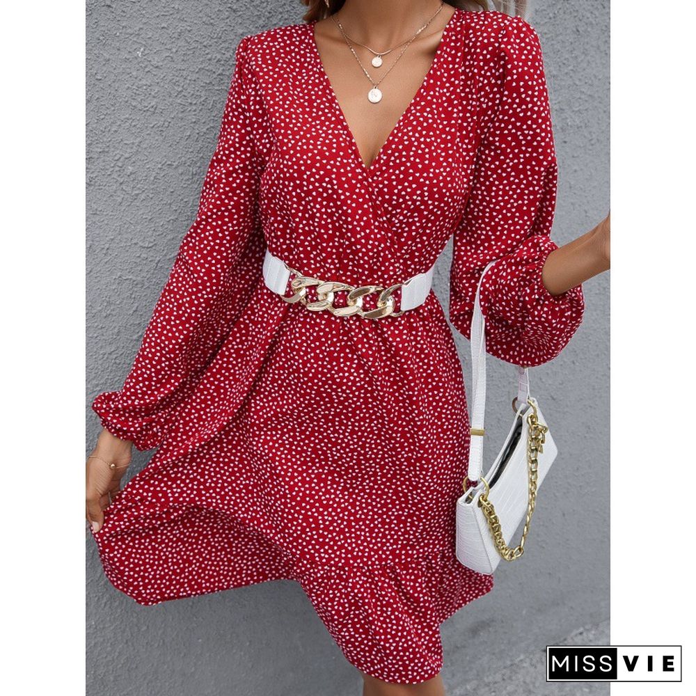 Elegant Love Print Dress Women Summer Dress Spring New V Neck Pullover Full Balloon Sleeve Casual Chic A-line Mini Dress