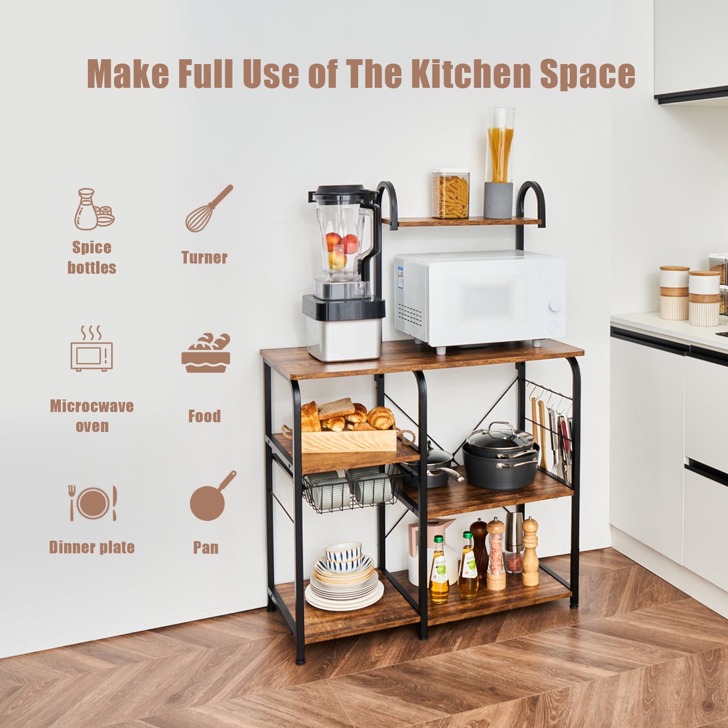 EXCITED WORK (Brown) Kitchen Bread Rack， Practical Storage Rack， Microwave Oven Stand， 5 Shelves with Wire Basket， 5 Hook Storage Rack Workstations