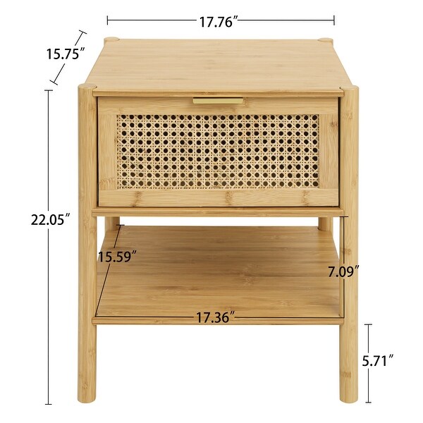 1 Drawer Nightstand， Bamboo and Natural Rattan， Bedside Table Accent End Table Side Table for Bedroom， Living Room