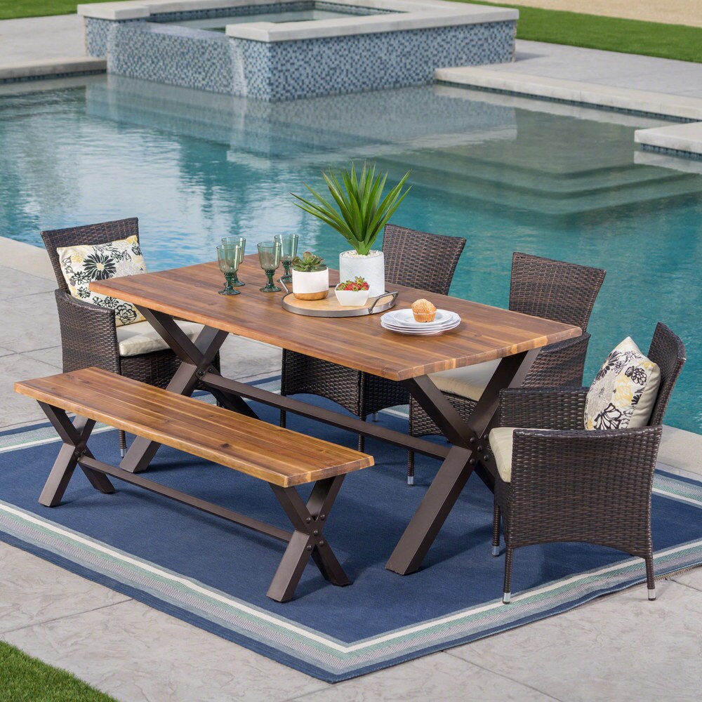 Ozark Outdoor 6 Piece Rectangle Wicker Wood Dining Set with Cushions by Christopher Knight Home