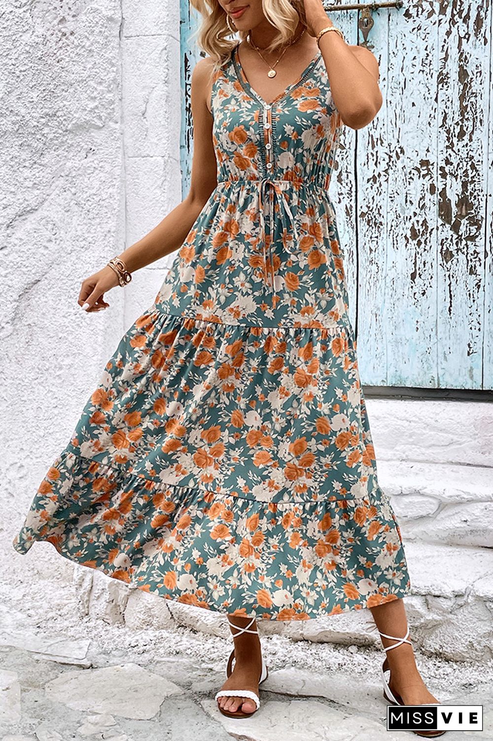 V Neck Buttoned Drawstring Floral Maxi Dress