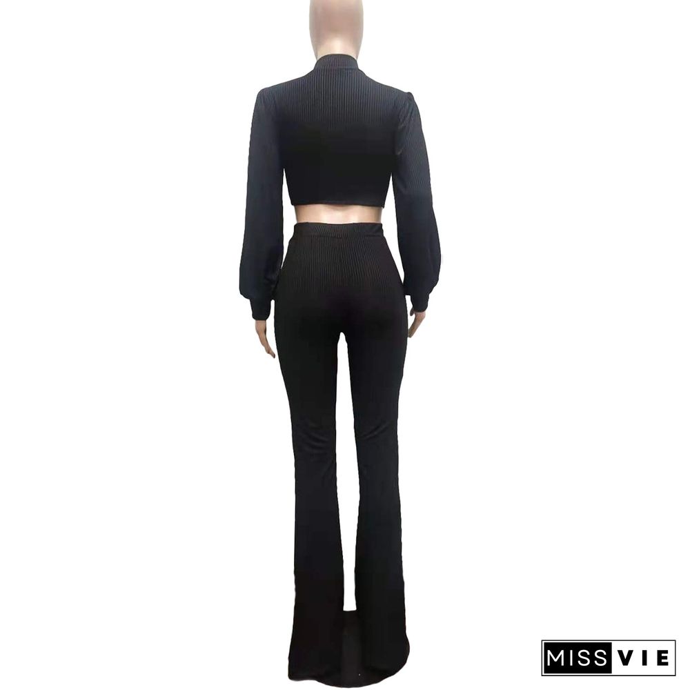 Turtleneck Puff Sleeve Crop Top+Flare Pants Set