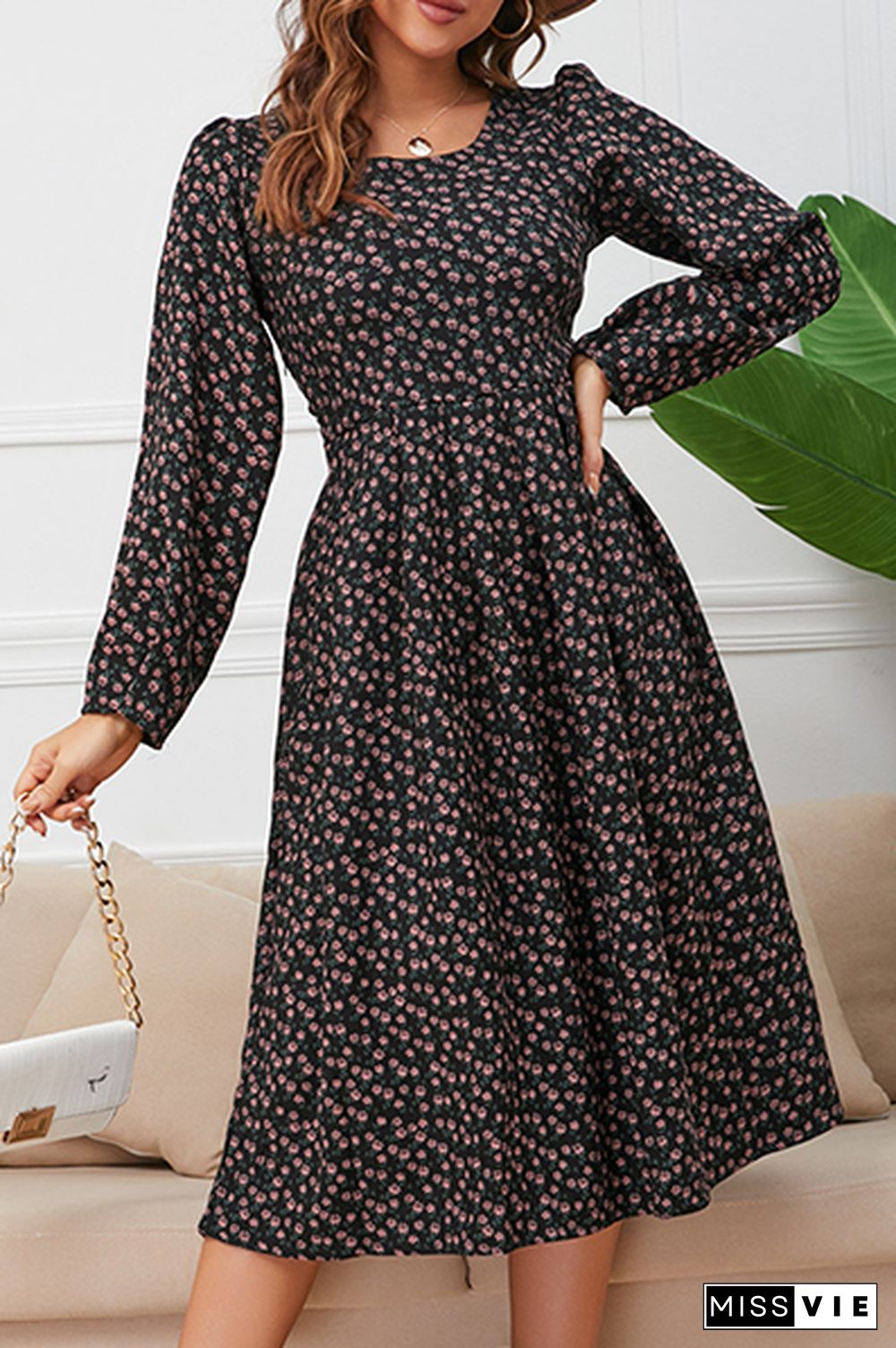 Elegant Floral Split Joint Square Collar A Line Dresses