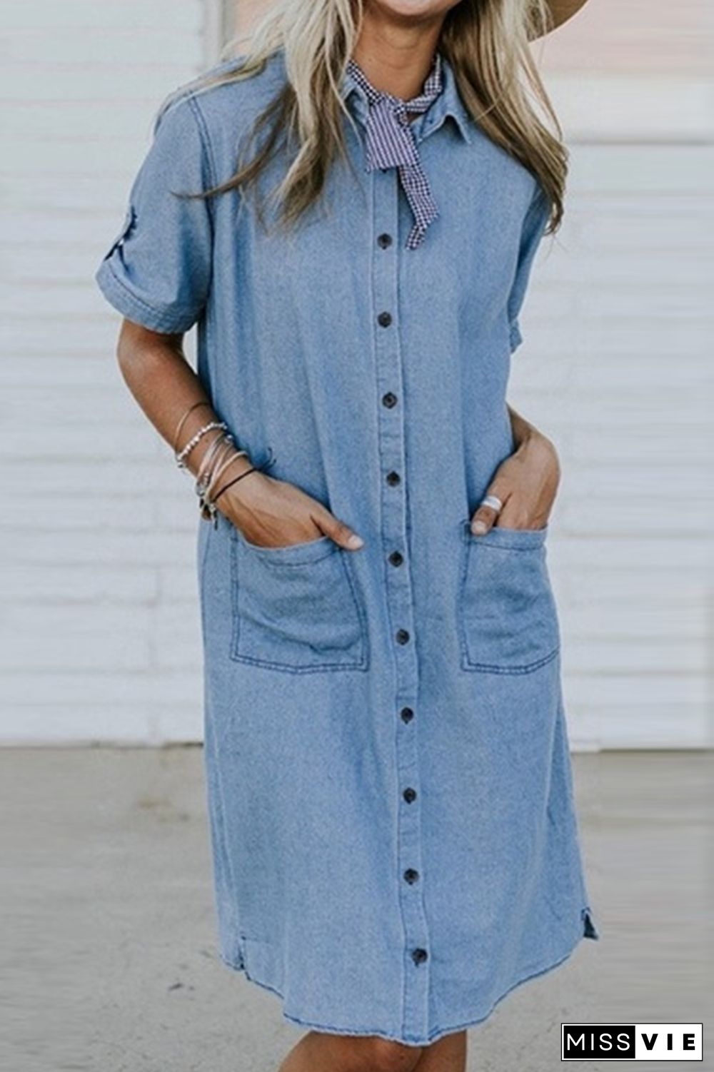 Casual Pocket Buckle Turndown Collar Dresses