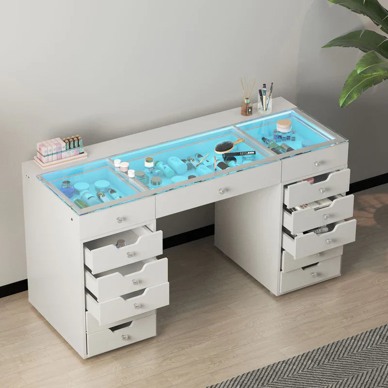 Eva-RGB Vanity Desk Pro - 13 Storage Drawers       VNT-EVA-RGBC-WHT