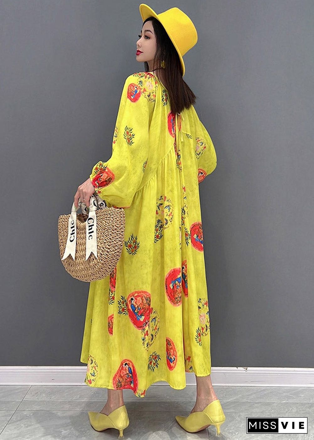 Vogue Yellow O-Neck Print Chiffon Dresses Long Sleeve