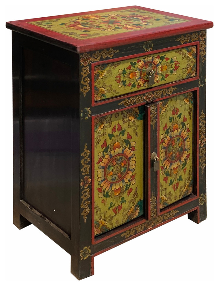 Lime Green Orange Black Tibetan Style Floral End Table Nightstand Hcs6935   Asian   Side Tables And End Tables   by Golden Lotus Antiques  Houzz