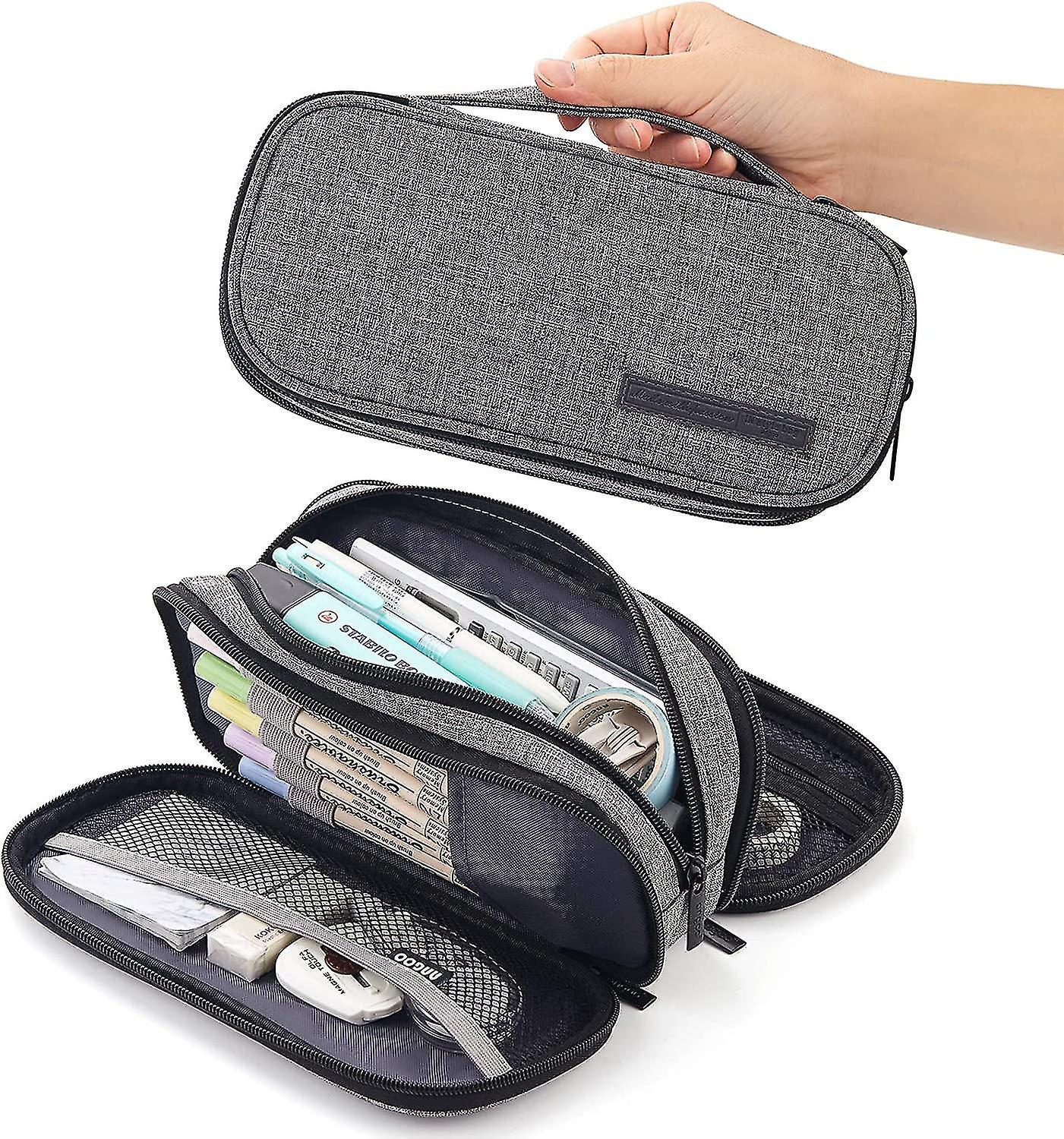 Veeki Pencil Case Big Capacity Handheld 3 Compartments Pencil Pouch Portable Large Storage Canvas Pencil Bag For  Adults Students Business Office(grey