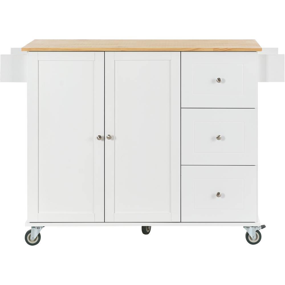 Tileon White Solid Wood Top 52.76 in. W Kitchen Island with Drop Leaf and Drawers Storage Cabinet with Locking Wheels WYHDRA074