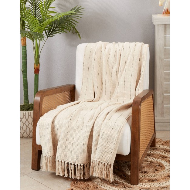 Rugged Elegance Striped Fringe Throw Blanket Natural Saro Lifestyle