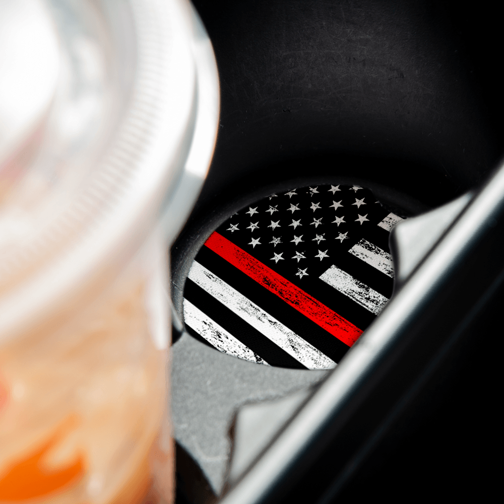 Thin Red Line | Car Coasters for drinks Set of 2 | Car Coaster measures 2.56 inches with rubber backing.