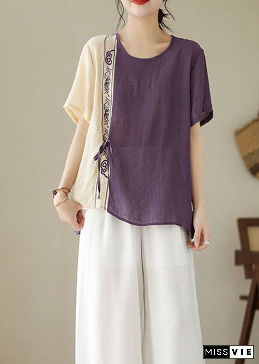 Purple Patchwork Cotton Blouses Embroideried Lace Up Summer