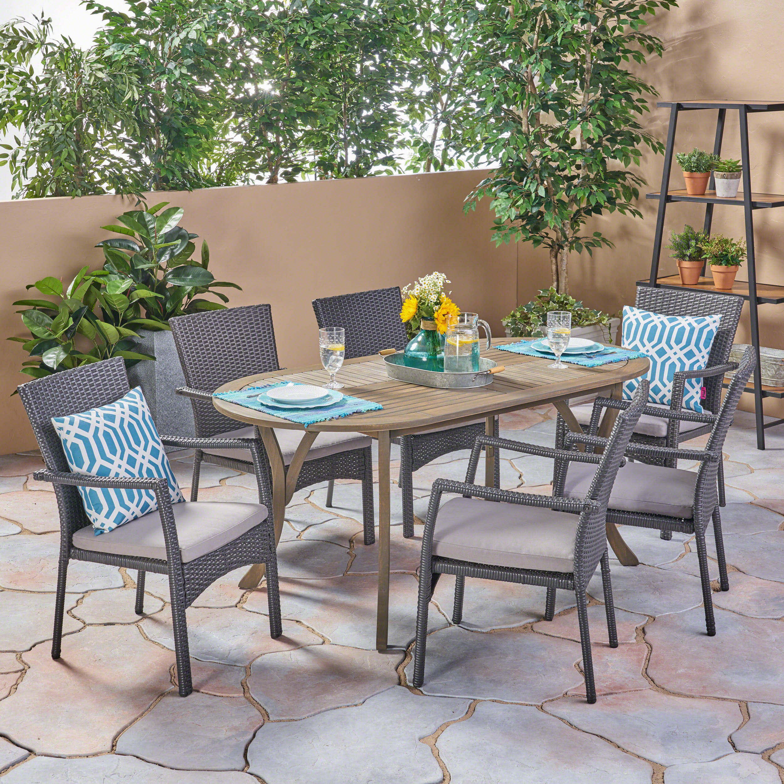 Dallas Outdoor 7 Piece Wood and Wicker Dining Set, Gray Finish and Gray