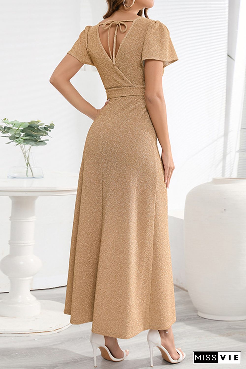 V Neck Wrap Short Sleeves Evening Dress