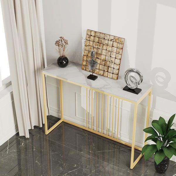 Sintered Stone Marble Skinny Console Table Gold Metal Frame Accent - 39.4x11.8x30.9in