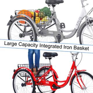 Runesay 24 in. Wheels 7 Speed Cruiser Bicycles Adult Tricycle Trikes3-Wheel Bikes with Large Shopping Basket in Red BIKECYN703