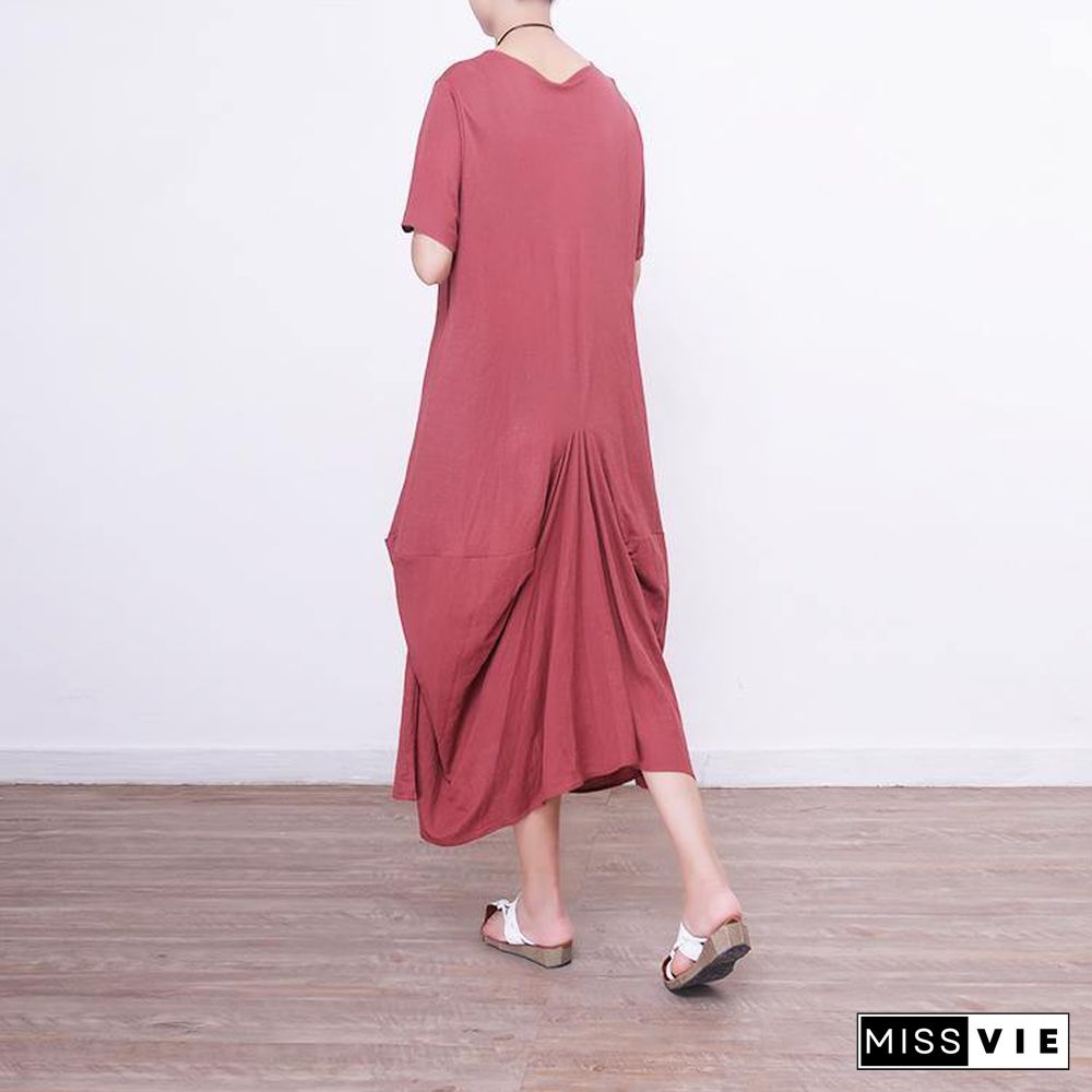 2018 red linen dress oversize short sleeve traveling dress vintage asymmetric maxi dresses