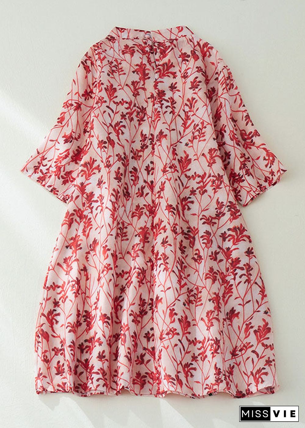 Diy Red Stand Collar Print Button Linen Holiday Cinch Dress Half Sleeve