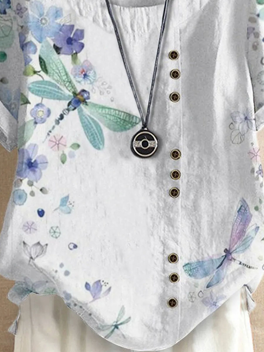 Crew Neck Floral Dragonfly Print Short Sleeve Blouse