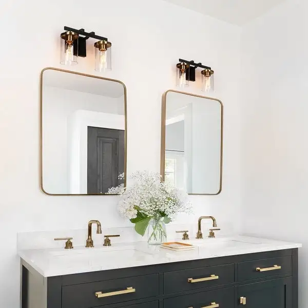 Modern Farmhouse 2-Light Black Gold Bathroom Vanity Light Glass Wall Lighting - 14