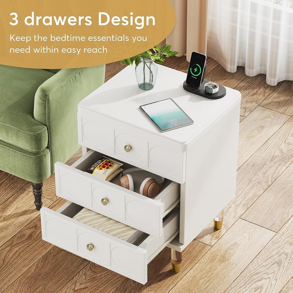 Nightstand Bedside Table with 3 Drawers  Bedroom Tall Night Stands Sofa End Table with Storage for Bedroom  Living Room