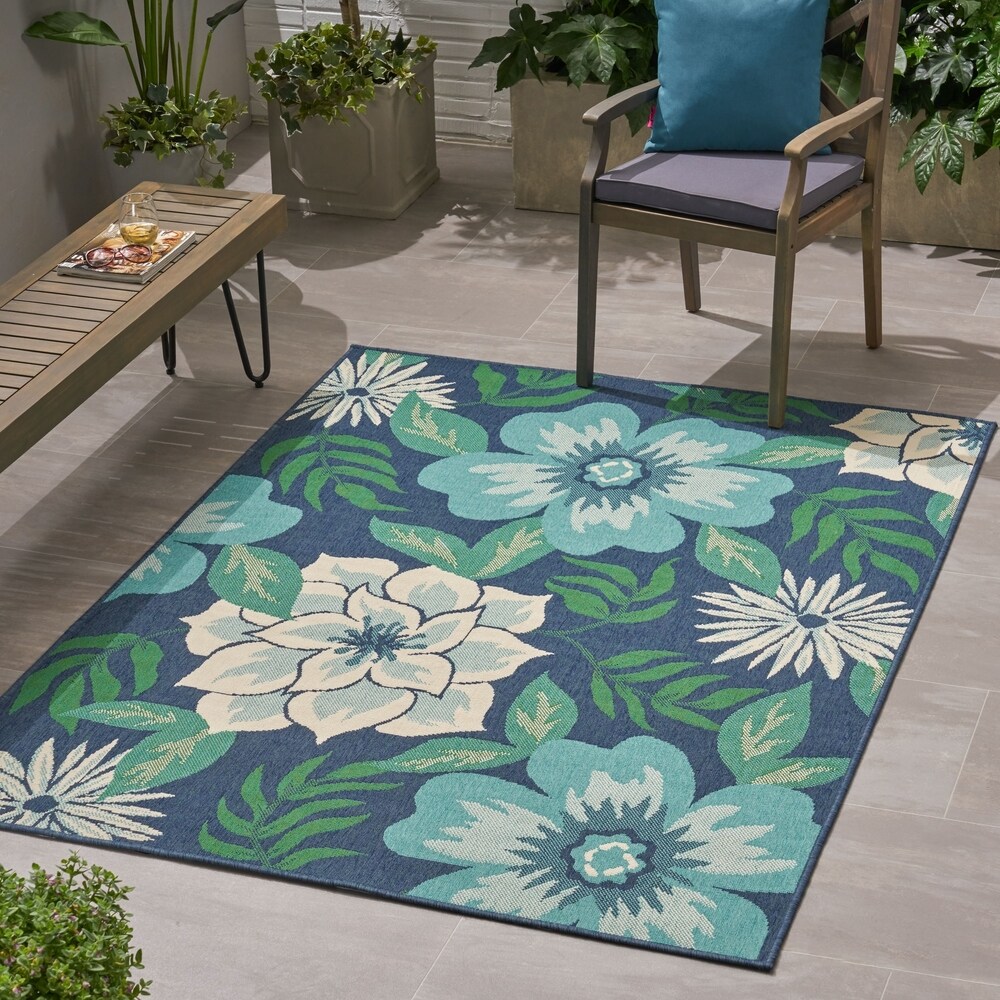 Meza Blue and Green Floral Outdoor Area Rug by Christopher Knight Home