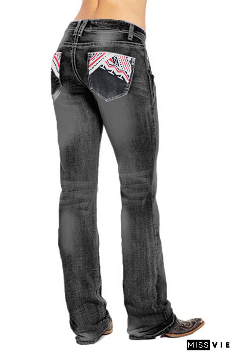 Cowboy Print Straight Wash Jeans Pants