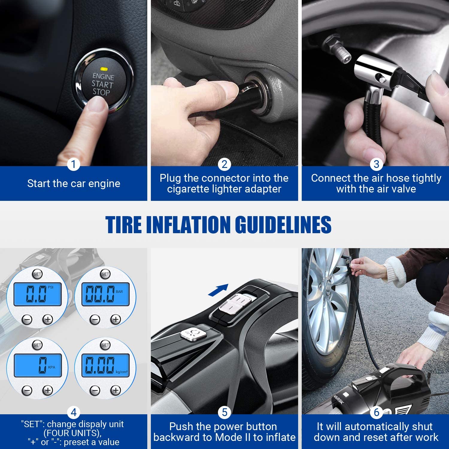 VARSK 4-in-1 Car Vacuum Cleaner， Tire Inflator Portable Air Compressor with Digital Tire Pressure Gauge LCD Display and LED Light， 12V DC Air Compressor Pump， 15FT Cord， Bonus HEPA Filter and Nozzles