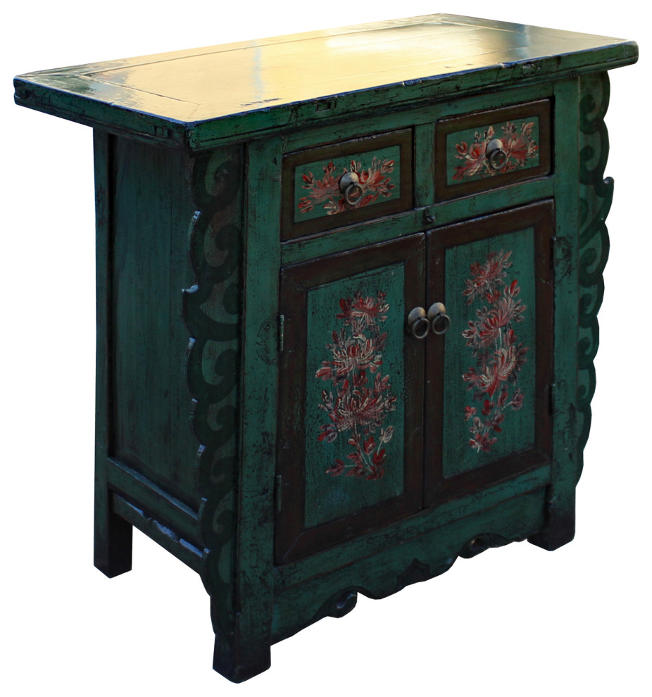 Chinese Distressed Green  ampBrown Flower Graphic Table Cabinet Hcs5948   Asian   Accent Chests And Cabinets   by Golden Lotus Antiques  Houzz