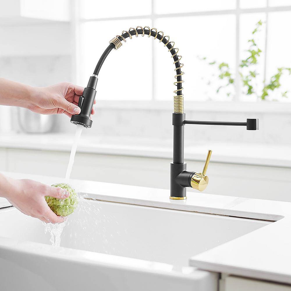 matrix decor Single Handle Pull Down Sprayer Kitchen Faucet with Advanced Spray in Black and Gold MD-AL189BG45