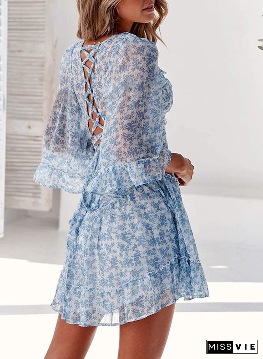 Ditsy Floral Prints Ruffle Edge Tiered Long Sleeve Boho Dress