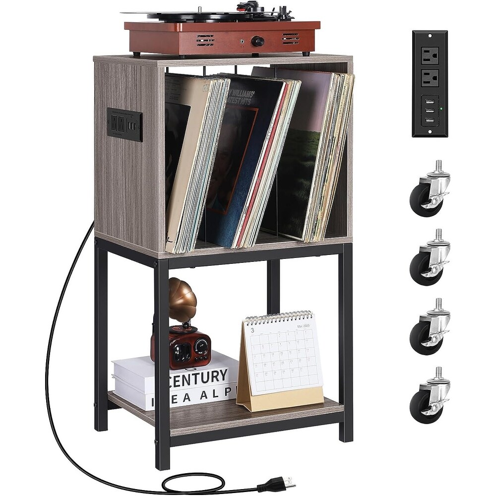 3 Tier Vinyl Record Storage Cabinet with Charging Station