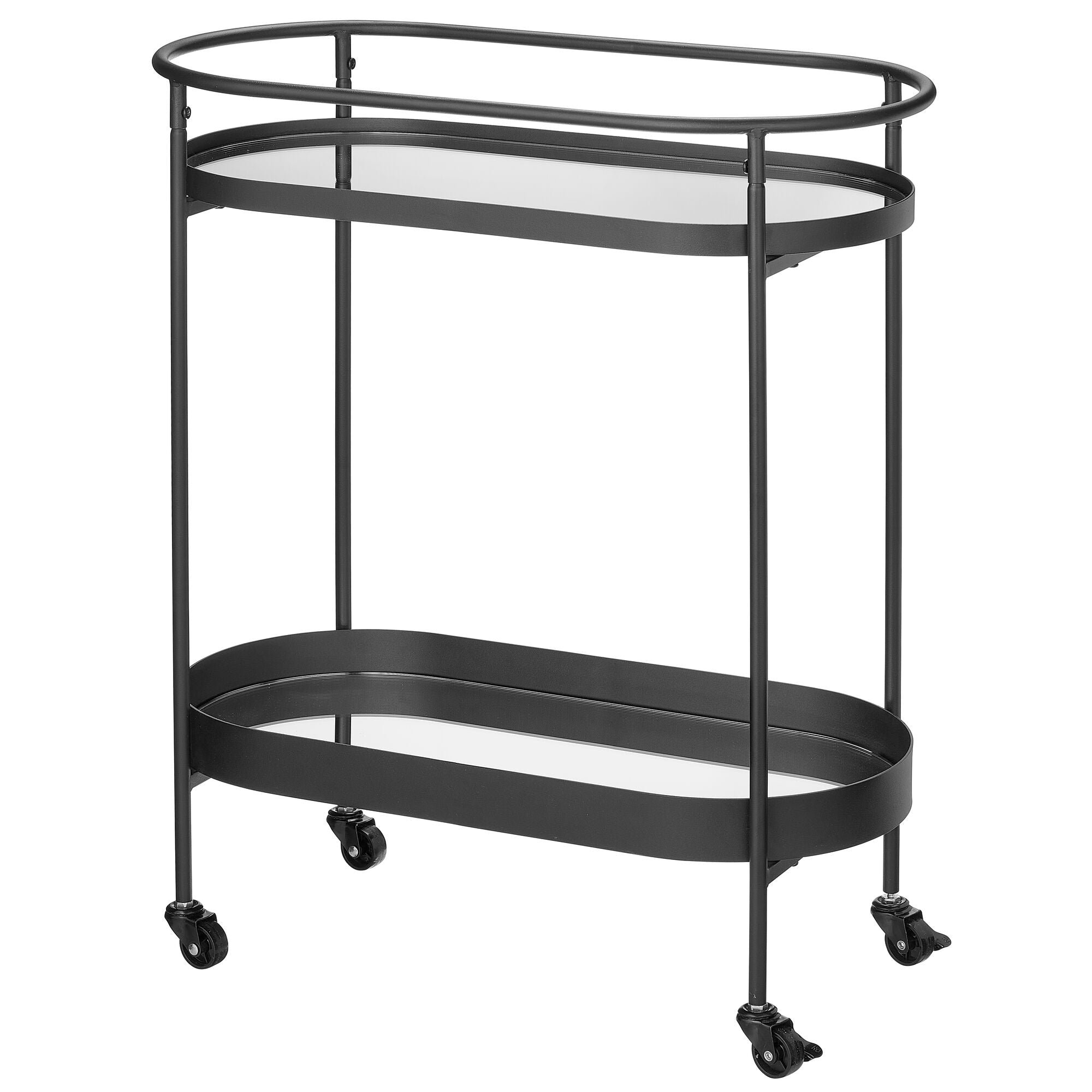 mDesign Stylish Modern Mirror Tray Top Rolling Serving Bar Cart - 2-Tier Oval Home Drink Rack Trolley Kitchen Furniture with Wheels for Wine， Coaster， Glass， Beer， and Drinks - Matte Black