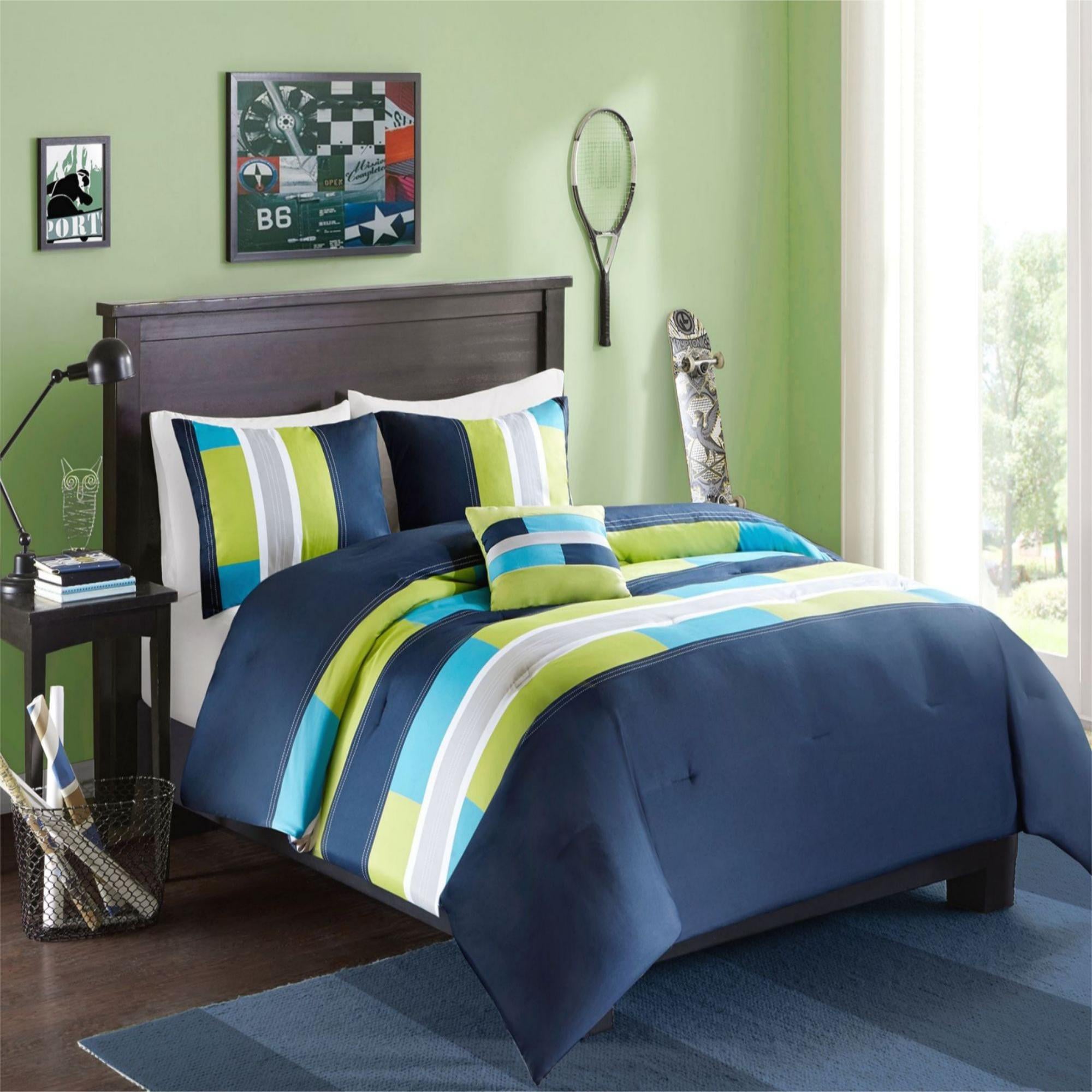 Comfort Spaces Pierre Microfiber 4-Piece Navy/Blue Striped Comforter Set， Queen