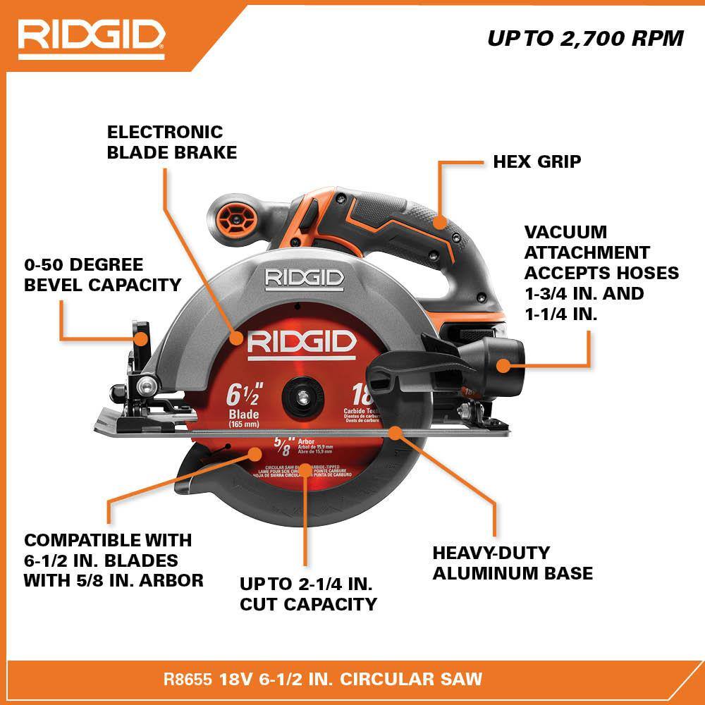 RIDGID 18V Cordless 6 12 in. Circular Saw Kit with (1) 4.0 Ah Battery and Charger with Extra 6-12 in. Circular Saw Blade R8655KN-AC612N