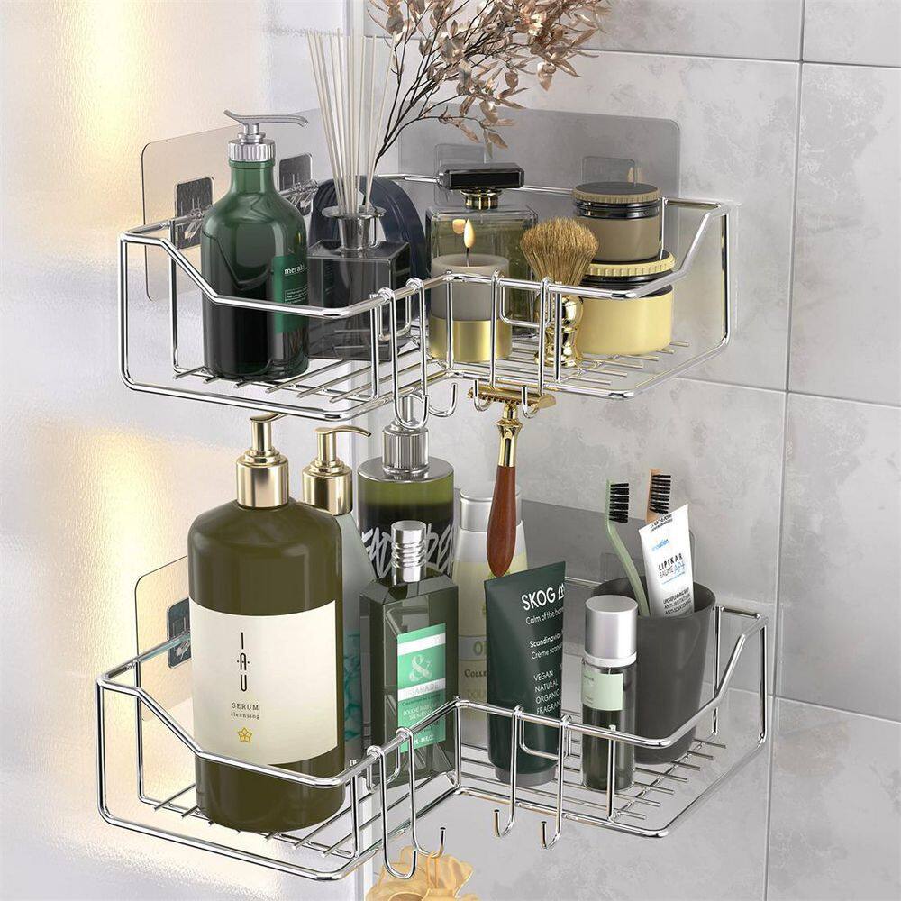 Dracelo Wall Mounted Bathroom Shower Caddies Adhesive Type Coner Organizer Shelf with 4 Hooks in Silver 2-Pack B08T7D7MF6