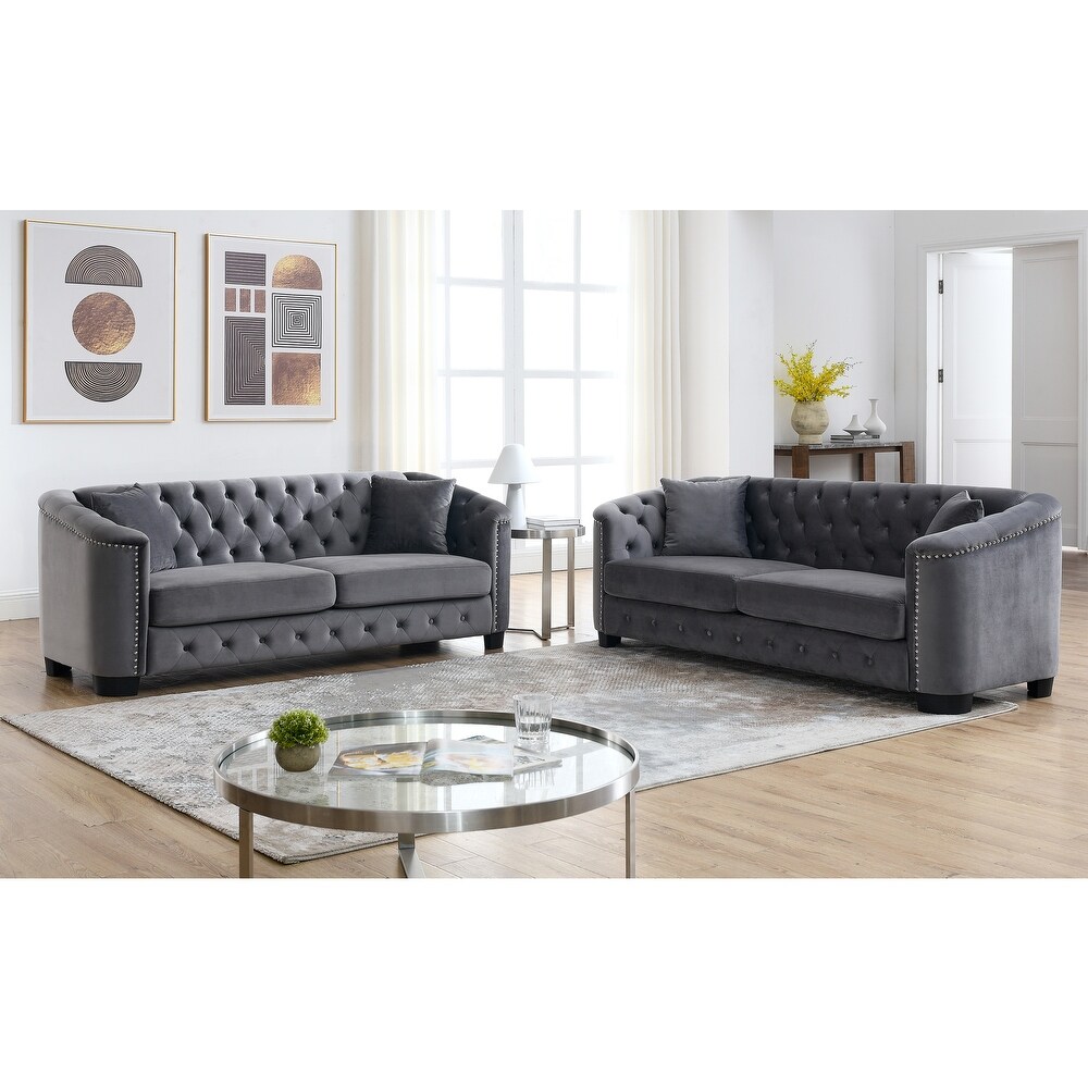 2pc 3 Seater Sofa Velvet Upholstered Sofa Set w/ Nailhead Arms   2 Pillows  Tufted Low Backrest Couch Set for Living Room  Grey