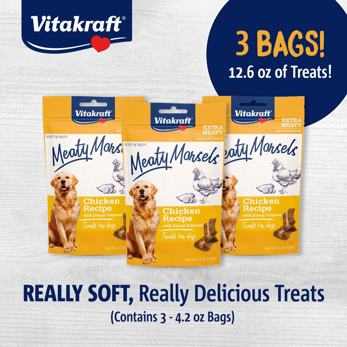 Vitakraft Meaty Morsels Chicken Recipe with Potato Soft and Chewy Dog Treats， 4.2-oz bag， 3 count