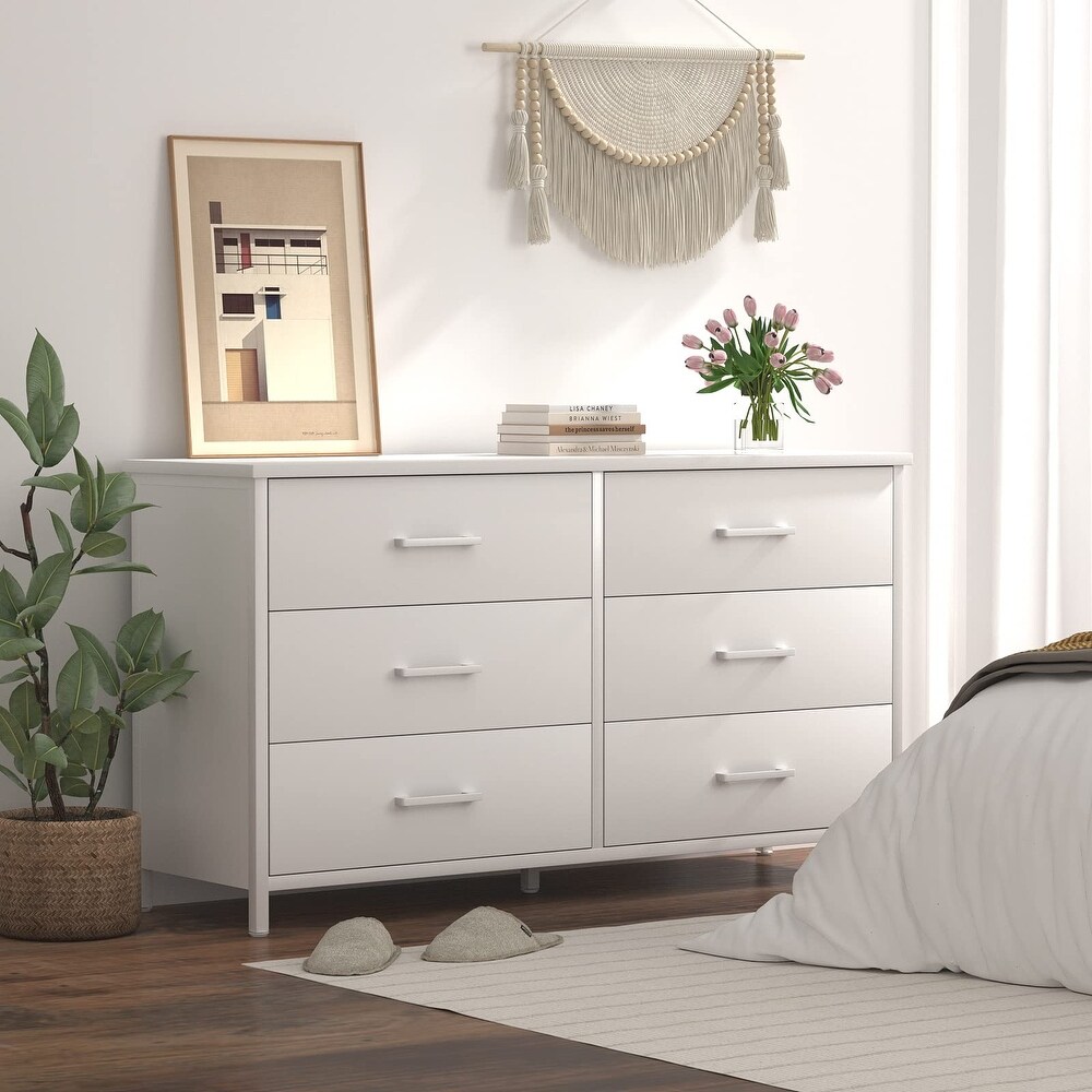 6 Drawer White Dresser  Industrial Wood Dresser for Bedroom  Sturdy Steel Frame