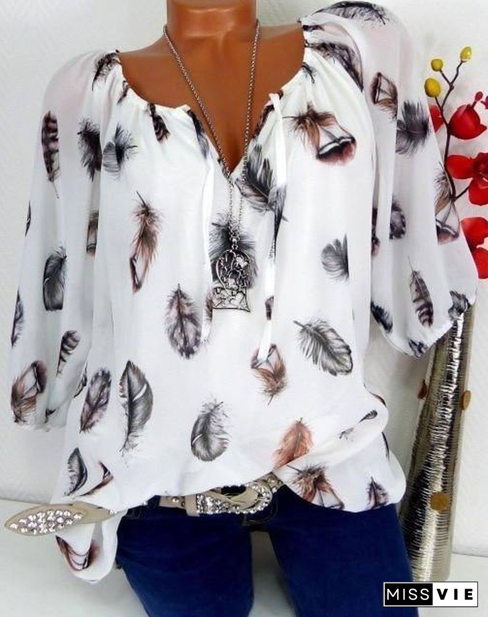 Fashion Women's Blouses Summer Tops Casual Blouse White Loose Feather Print V Neck Half Sleeve Shirts Blusas 5XL Plus Large Size