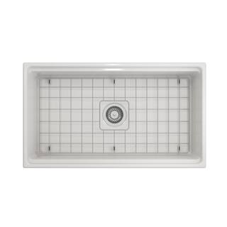 BOCCHI Contempo Step-Rim White Fireclay 33 in. Single Bowl Farmhouse Apron Front Workstation Kitchen Sink with Faucet 1504-001-2020SS