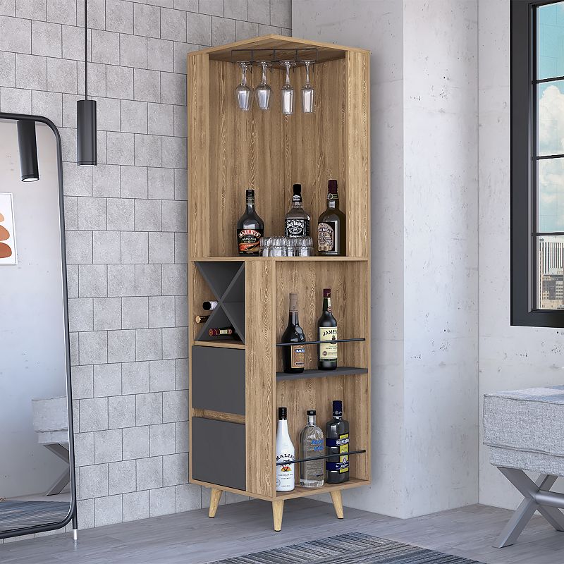 DEPOT E-SHOP Lisbon Corner Bar Cabinet， External Shelves，Drawers， Wine Compartments， Pine/Matt Gray