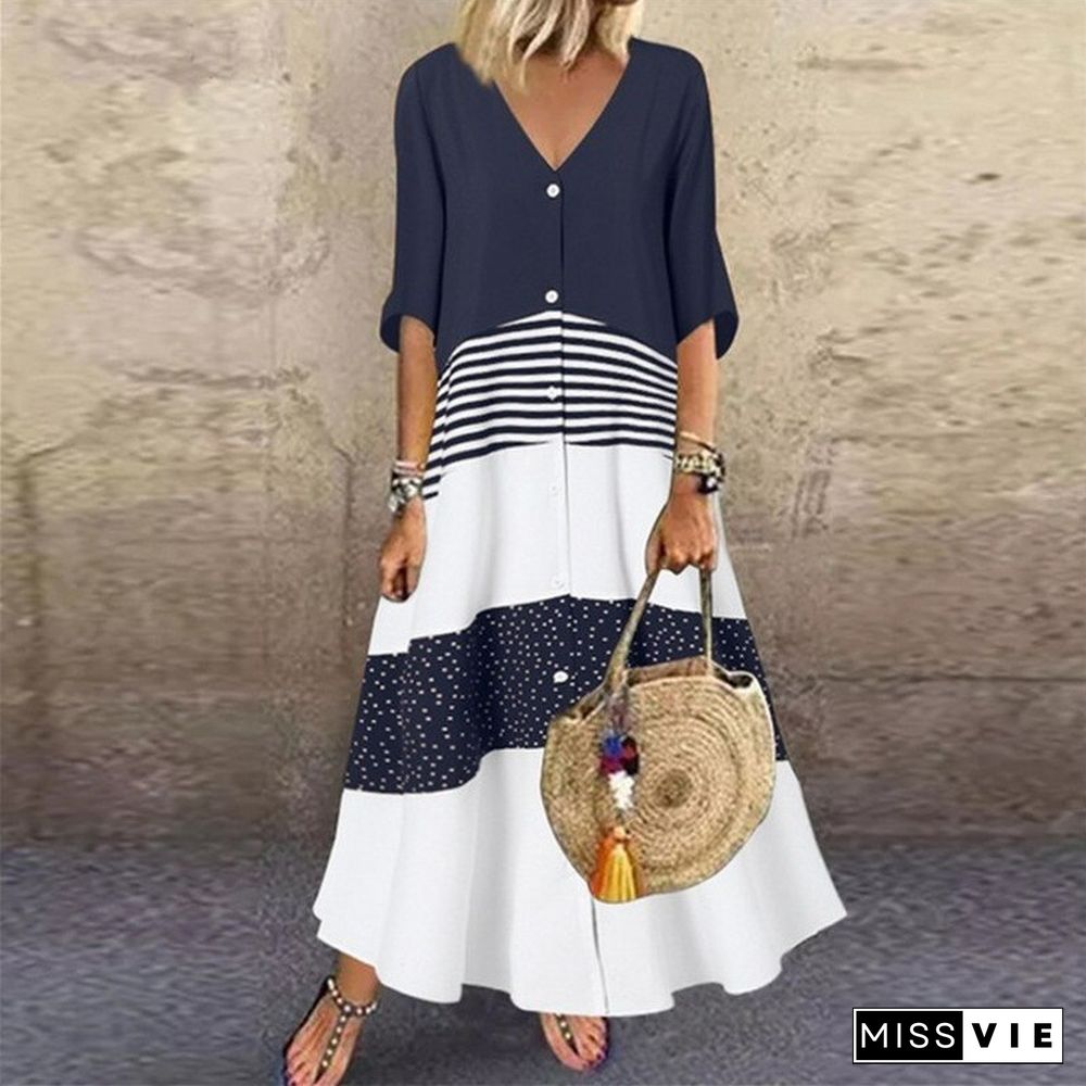 Summer V-Neck Short Sleeve Printed Long Dress Button Casual Dress Vestidos De Mujer