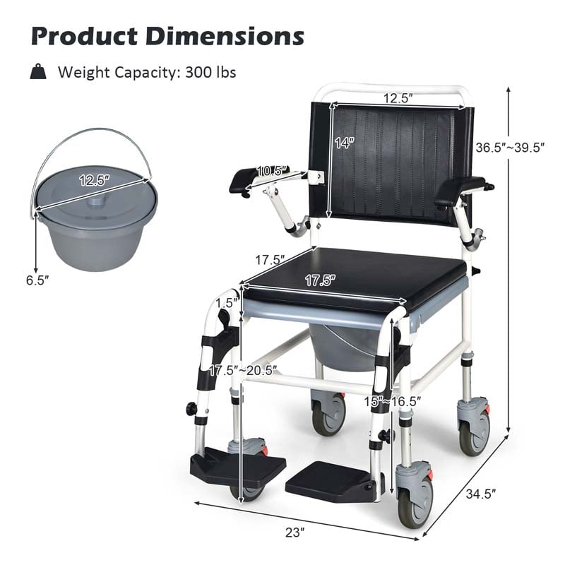 4-in-1 Bedside Commode Chair Shower Wheelchair with Detachable Bucket, Padded Mobile Toilet Chair