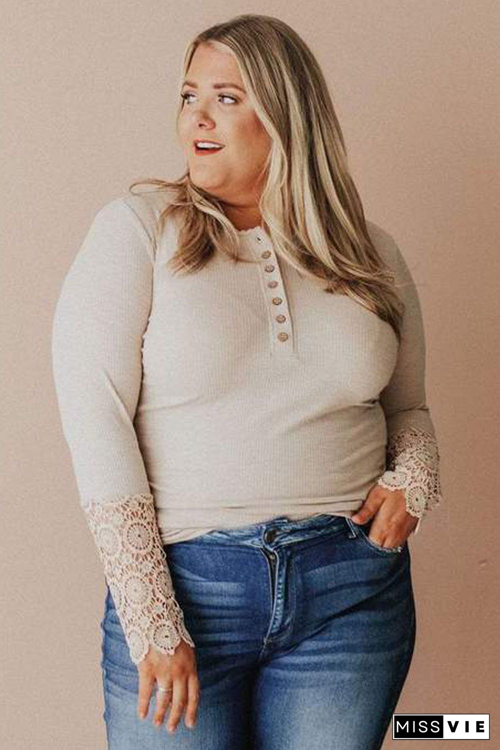 Apricot Lace Splicing Ribbed Long Sleeve Plus Size Top